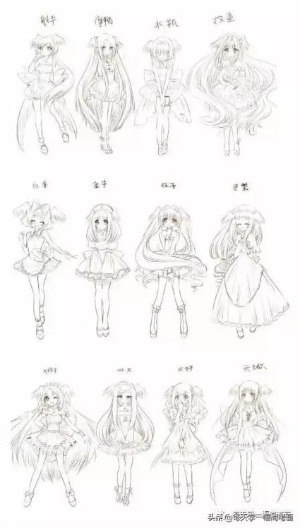 十2星座简笔画,12星座卡通少女简笔画