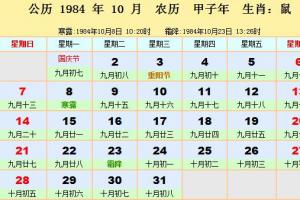 1984年日历表1984年农历阳历表