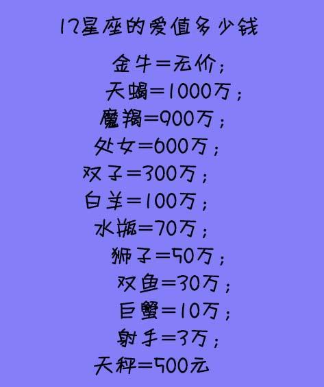 12星座的爱值多少钱,天蝎座1000万,天秤座才500块,你的值多少