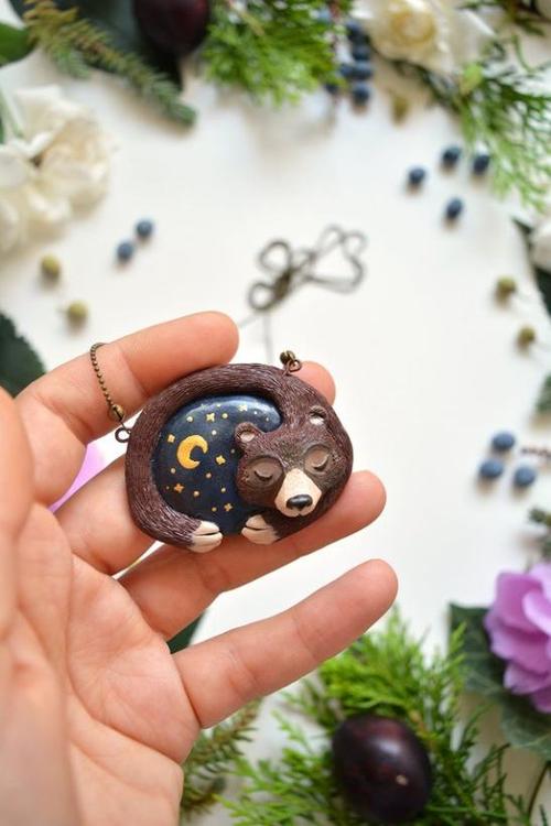 北斗七星 守护熊星座项链 创意手工艺粘土饰品 sleepy bear night sky