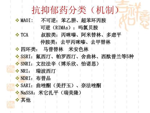 答:现有的抗抑郁药物主要分为四类:1三环类的抗抑郁药物主要有阿米替