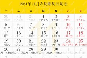 1984年日历表1984年农历表阴历阳历节日对照表