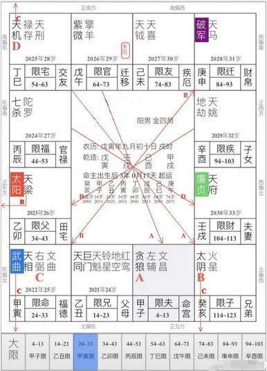 紫微斗数分析:命宫生年贪狼化禄,三方会杀破狼格局.