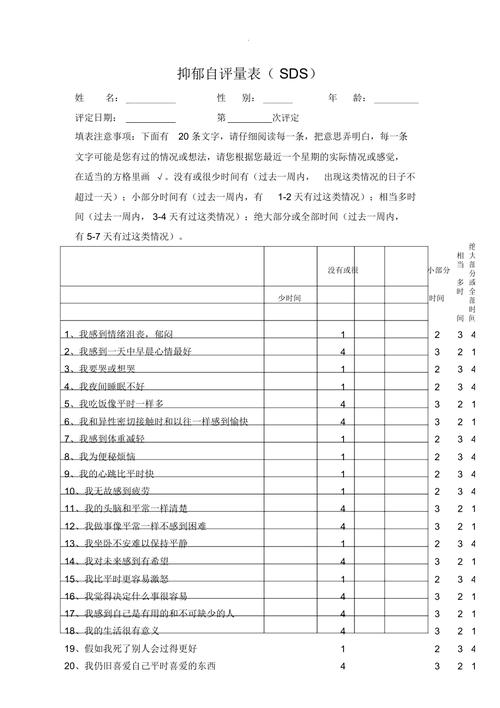 抑郁自评量表简洁表格及评分标准