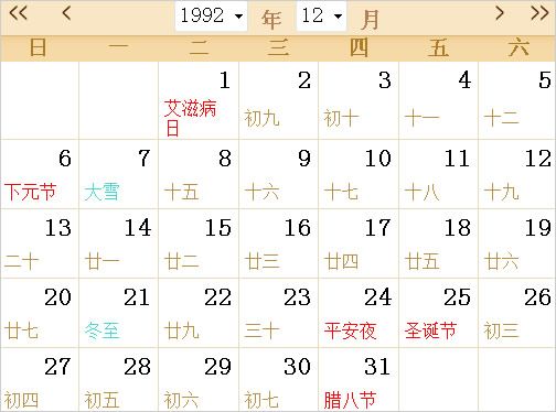 1992年农历阳历表日历表